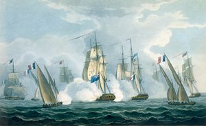 HMS Sirius, kaptein Rowse engasjerer en fransk skvadron utenfor munningen av Tiberen, 17. april 1806, gravert av T. Sutherland for 